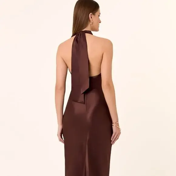 NICHOLAS Galilea High Neck Gold Trim Maxi Dress Espresso 6 - Picture 6 of 16